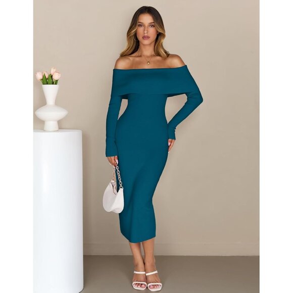 Merokeety Women's Teal Off Shoulder Long Sleeve Elegant Bodycon Midi Dress - Picture 2 of 9